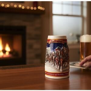 Budweiser 1999 Holiday Ceramic Beer Stein Clydesdales Ceramarte